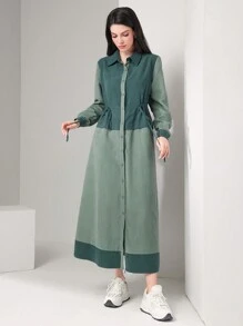 Mulvari Vestido camisero de dos tonos de cintura con cordón - Verde - Ver 4