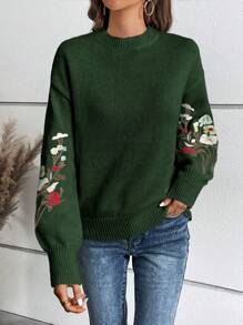 SHEIN Essnce 花卉刺繡落肩袖套頭毛衣 - 綠色 - 查看 4