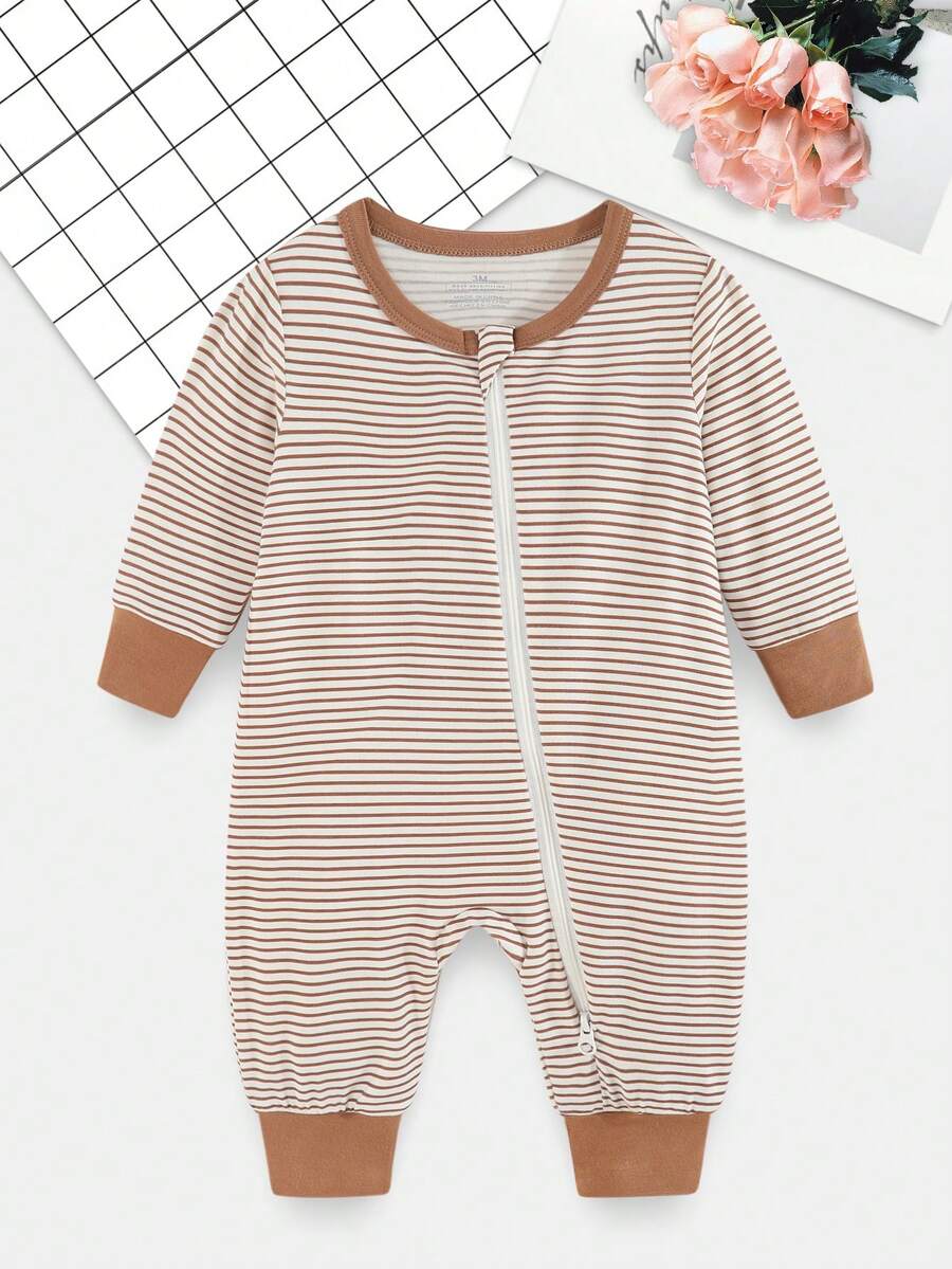 Baby Boy Striped Print Zip Up Jumpsuit - Coffee Brown - View 1