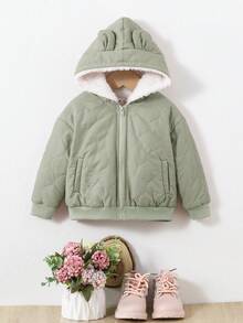 SHEIN 女嬰3D耳朵設計毛絨內襯連帽夾克 - 綠色 - 查看 6