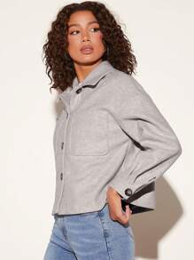 SHEIN BASICS 1入組落肩袖口袋貼布花呢外套 - 杏色 - 查看 4