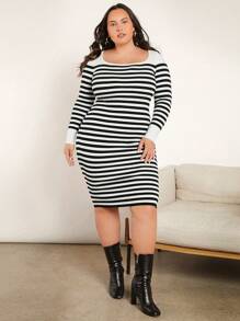 SHEIN BASICS Plus Striped Pattern Scoop Neck Sweater Dress - Black and White - View 5