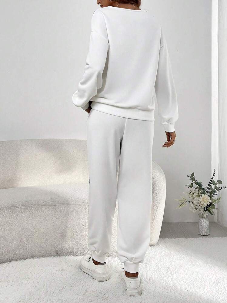 SHEIN LUNE Sudadera y pantalón de chándal con hombros caídos y lentejuelas en contraste, informal - Blanco - Añade 2