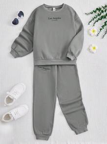 SHEIN Cô gái Tween Đồ họa Chữ cái Lót nhiệt Áo len & Quần nỉ - Màu Xám nhạt - Xem 1