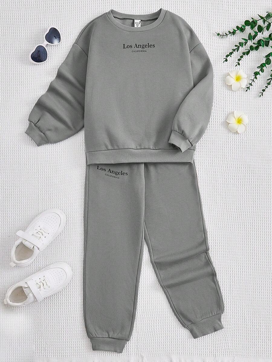 SHEIN Cô gái Tween Đồ họa Chữ cái Lót nhiệt Áo len & Quần nỉ - Màu Xám nhạt - Xem 1