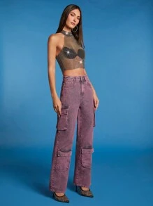 SHEIN BAE 側翻蓋口袋工裝牛仔褲 - 紫色 - 查看 1