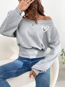 SHEIN EZwear In Trái tim Off Shoulder Áo nỉ - Xám - Xem 7