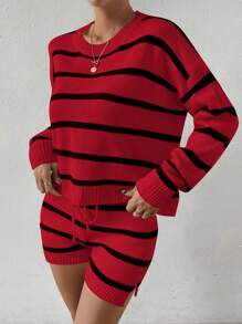 SHEIN Essnce Striped Pattern Drop Shoulder Sweater & Drawstring Waist Knit Shorts - Multicolor - View 3
