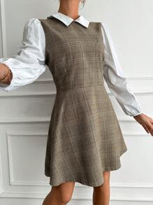SHEIN Cottnline Women Contrast Checked Long Sleeve 2 In 1 Dress - Brown - View 5