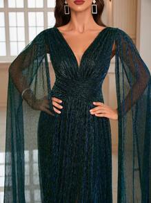 Cloak Sleeve Split Thigh Glitter Formal Dress Elegant Prom Evening Wedding Guest Gown, For Graduation, Dinner Party Dress, Bride Dress, Birthday Women Outfits