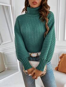 Chiquease Áo cao cổ tay cánh Đồ đan Ribbed Áo len - màu xanh lá - Xem 3