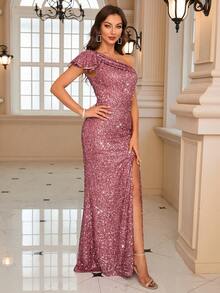 One Shoulder Split Thigh Sequin Prom Dress - Pink - View 8