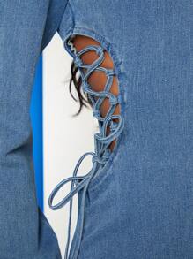 Denimoi Lace Up Cut Out Puff Sleeve Bodycon Denim Dress - Blue - View 3