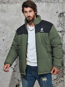 Manfinity Homme Men Loose Plus Letter & Palm Tree Graphic Colorblock Zip Up Padded Coat - Army Green - View 5