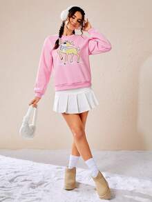 SHEIN EZwear 小鹿&字母圖案落肩袖運動衫 - 粉色 - 查看 5