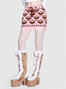 ROMWE Kawaii Heart Pattern Drawstring Waist Knit Skirt - Multicolor - View 1