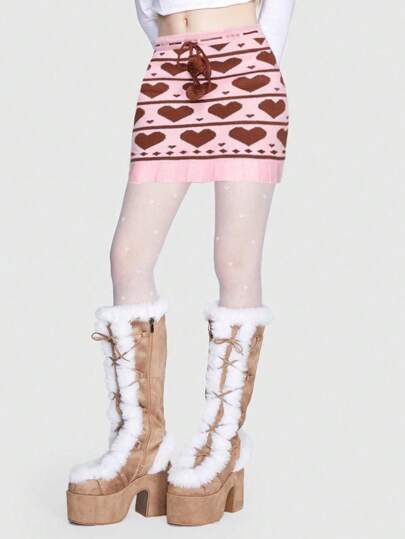 Kawaii Heart Pattern Drawstring Waist Knit Skirt