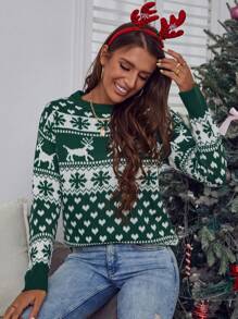 EMERY ROSE Christmas Elk & Heart Pattern Knit Pullover Fall Winter Sweater - Green - View 5