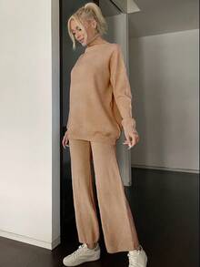 休閒開衩純色女士毛衣兩件套 - 黃色 - 查看 5