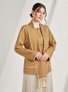 Modelyn Contrast Binding Dual Pocket Tassel Trim Button Front Coat - Khaki - View 4