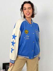 SHEIN EZwear Plus Slogan & Star Drop Shoulder Two Tone Varsity Jacket - Multicolor - View 5