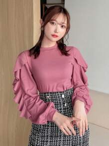 FRIFUL Chất rắn Viền Ruffle Tay áo Đèn lồng Cổ giả Áo nỉ - Màu Hồng Tươi - Xem 3