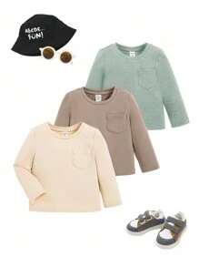 SHEIN Baby Boys 3pcs Solid Pocket Patched Tee - Green - View 1