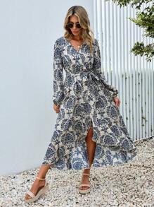 SHEIN VCAY Allover Print Belted Wrap Dress - Multicolor - View 6