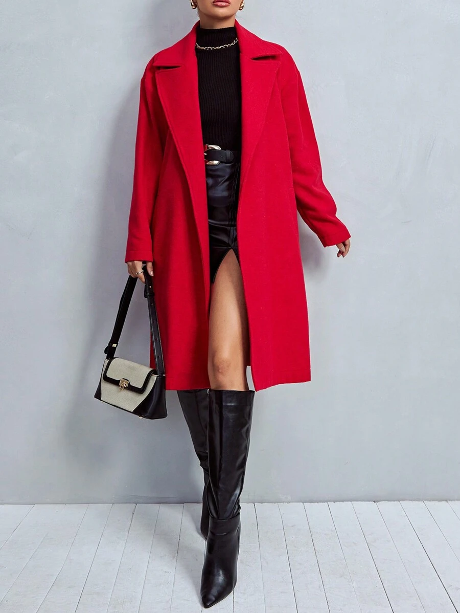 EURMUSE Abrigo De Lana Rojo Con Cinturón Para Mujer - Rojo - Ver 1