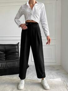 RueChic High Waist Button Detail Suit Pants - Black - View 5
