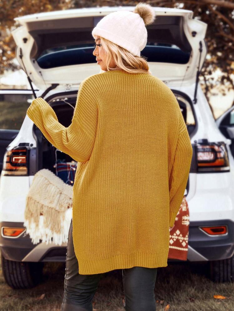Plus Ribbed Knit Drop Shoulder Split Hem Sweater, For Winter Knit Pullover Fall Autumn