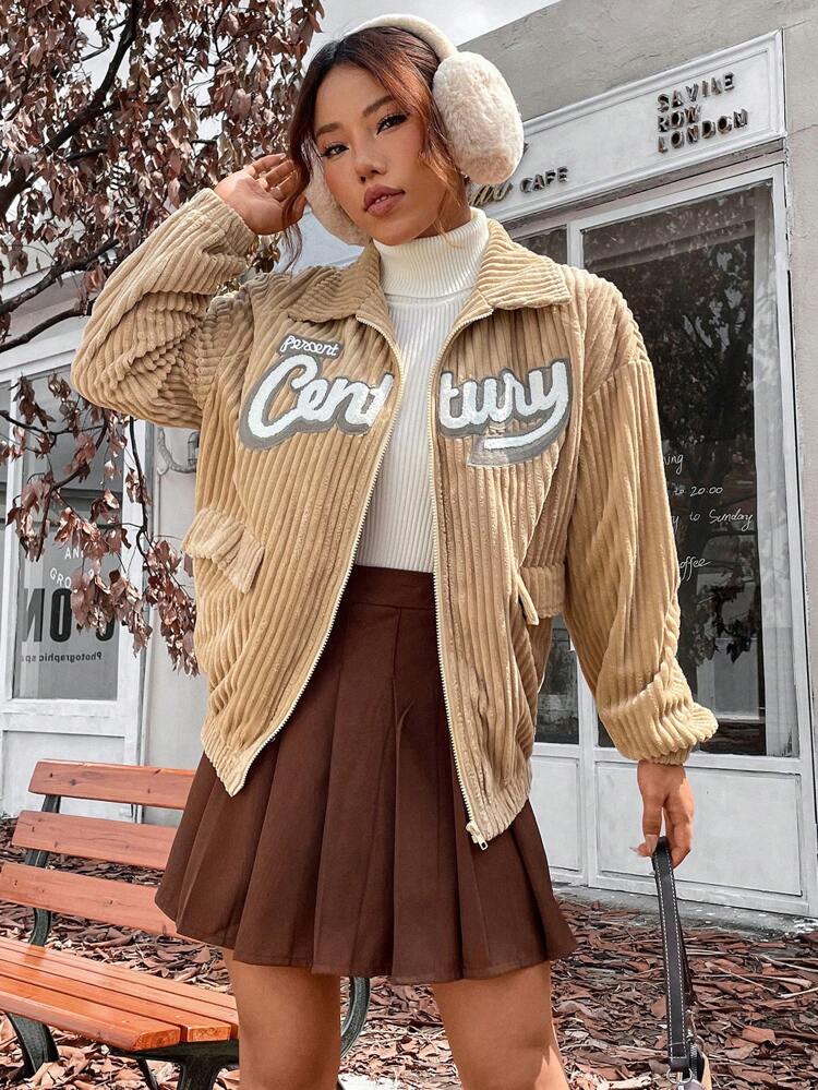 Letter Patched Flap Detail Drop Shoulder Corduroy Jacket Fall Cloth For Women