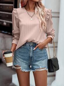 SHEIN LUNE 後紐扣荷葉邊不對稱下擺襯衫 - 淺粉色 - 查看 4