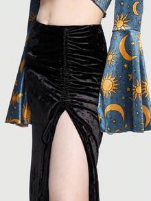 ROMWE Hippie 抽繩褶邊高衩絲絨半身裙 - 黑色 - 查看 6