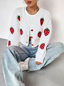 SHEIN Qutie Thêu dâu tây Thả vai Áo len Mở - Nhiều màu - Xem 6