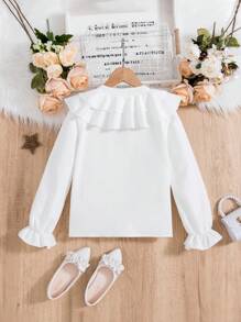 SHEIN 女大童荷葉邊喇叭袖襯衫 - 白色 - 查看 2