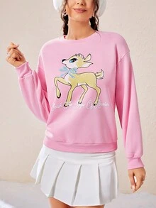 SHEIN EZwear 小鹿&字母圖案落肩袖運動衫 - 粉色 - 查看 3