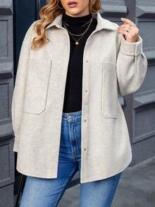 Calvaya Plus Drop Shoulder Pocket Patched Overcoat - Apricot - View 4