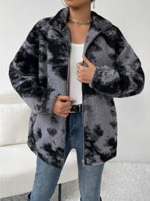 SHEIN Essnce Nhuộm buộc Thả vai Áo khoác Teddy - Nhiều màu - Xem 6