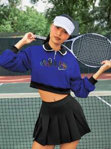 VARSITIE Đồ họa Chữ cái Viền tương phản Một nửa khóa kéo Áo len crop - Xanh đậm - Xem 2