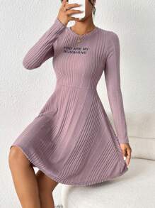 SHEIN Essnce Letter Graphic Ribbed Knit Dress - Dusty Pink - View 1