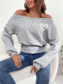 SHEIN EZwear In Trái tim Off Shoulder Áo nỉ - Xám - Xem 6