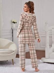 Plaid Print Belted PJ Set - Multicolor - View 2
