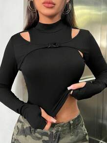 SHEIN Coolane Camiseta crop con hebilla de empuje detalle 2 en 1 - Negro - Ver 1