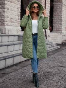 SHEIN CURVE+ Curve Plus 拉链连帽绗缝大衣，冬季 - 軍綠色 - 查看 4