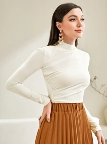 Modelyn Cổ giả Viền mặt trước Đồ đan Ribbed Áo thun - trắng - Xem 6