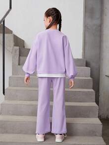 Tween Girl Letter Graphic Drop Shoulder 2 In 1 Pullover & Pants - Mauve Purple - View 2