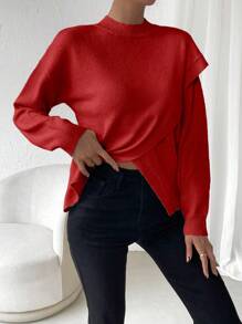 SHEIN LUNE Solid Drop Shoulder Wrap Cross Asymmetrical Hem Sweater - Red - View 6