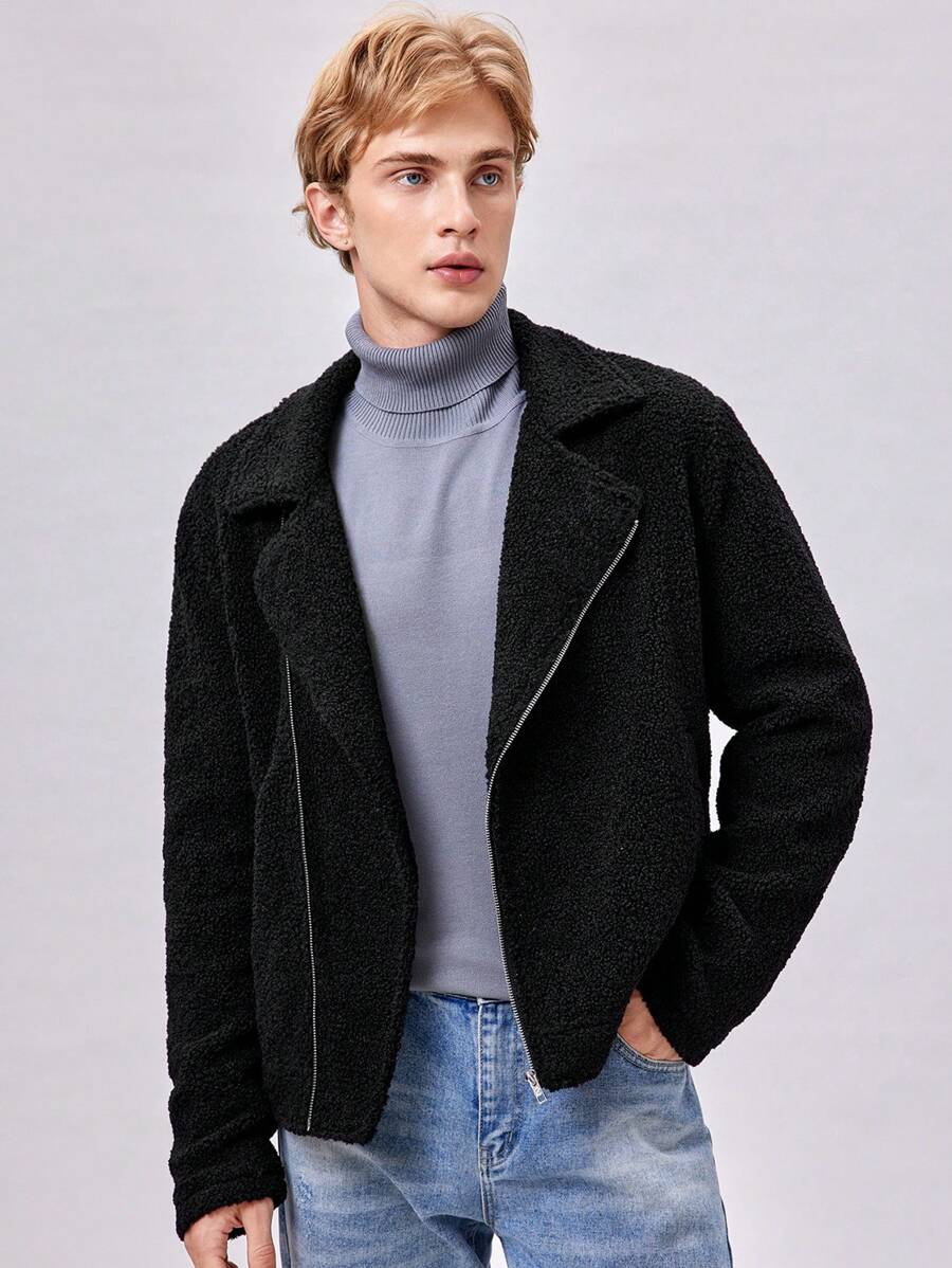 Manfinity RebelGame Men Zip Up Teddy Jacket, For Fall Winter - Black - View 1