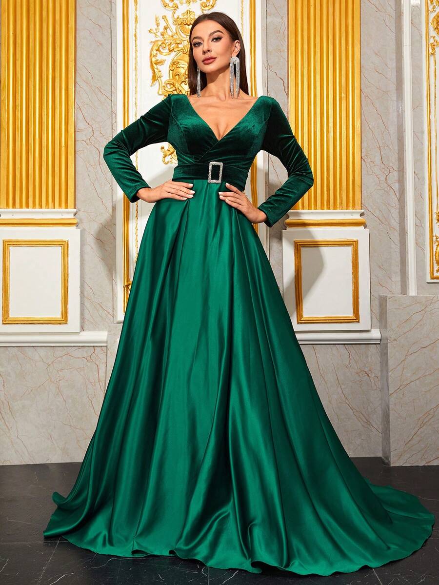 YISIKADO Surplice Neck Belted Formal Dress - Dark Green - View 1